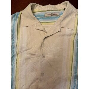 Tommy Bahama 100% Silk Shirt Mens Medium Ivory Striped Tropical Beach Resortwear
